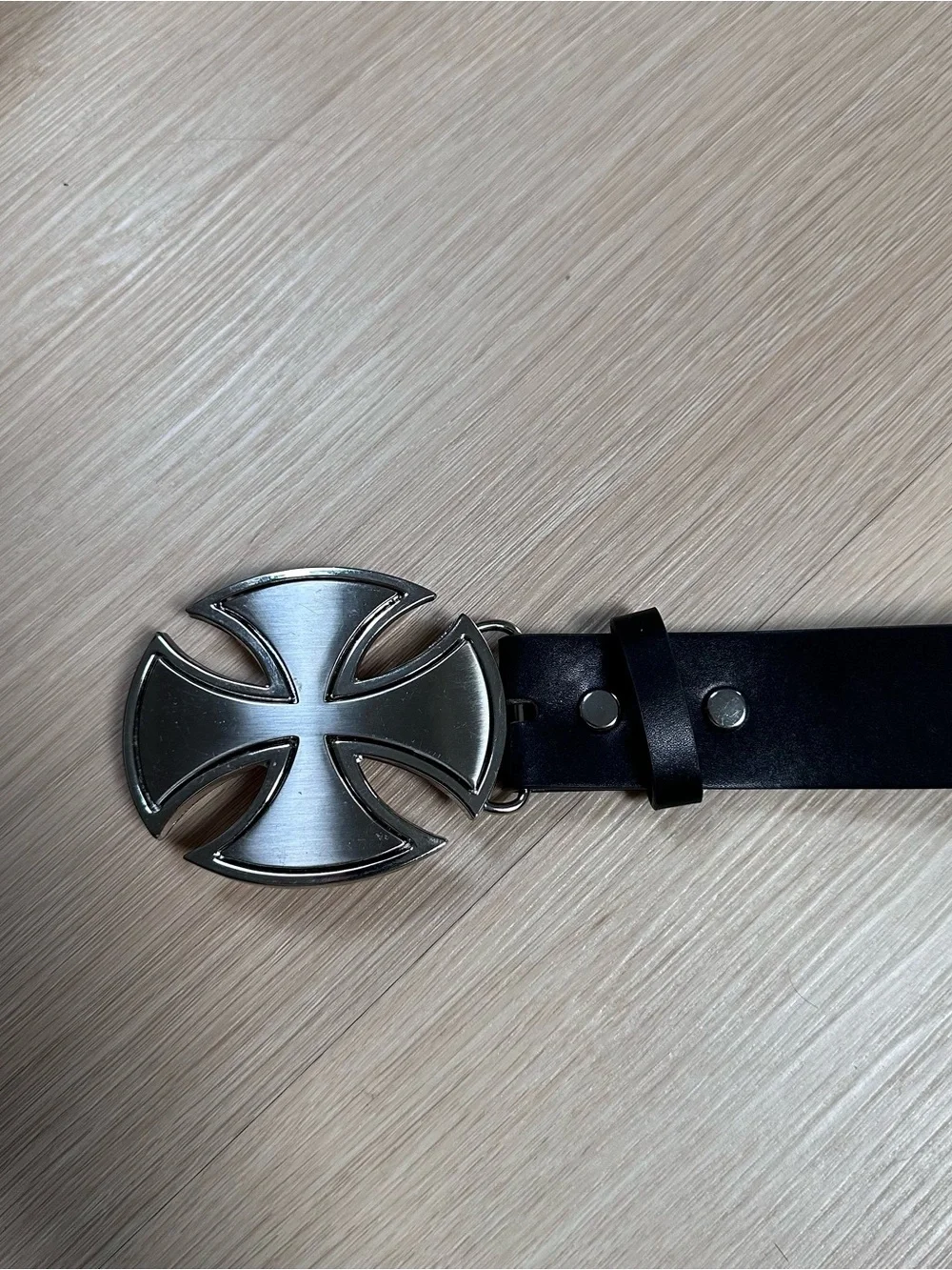 Men's Black Leather Belt with Silver Cross Buckle